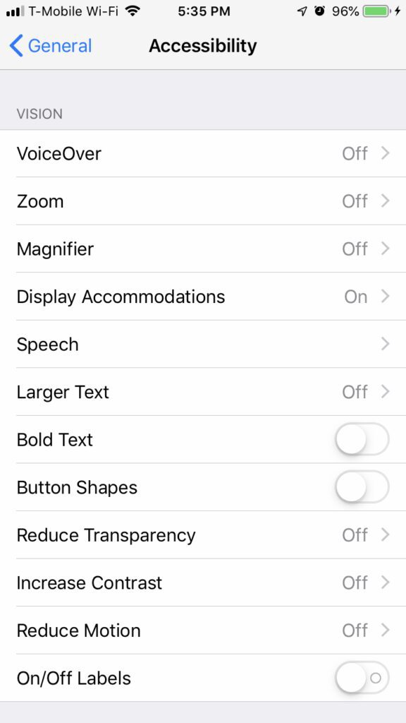 Image showing the accessibility options available in IOS such as Voiceover, Zoom, Magnifier, Display Accommodations, Speech, Larger Text, Bold Text, Button Shapes, Transparency Reductions, Increase Contrast, Reduce Motion and On/Off Labels. 