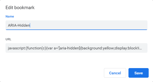 Screenshot of adding the Javascript of a bookmarklet (ARIA-Hidden) to the bookmark menu. Once saved, the bookmarklet will show up in the bookmark menu.